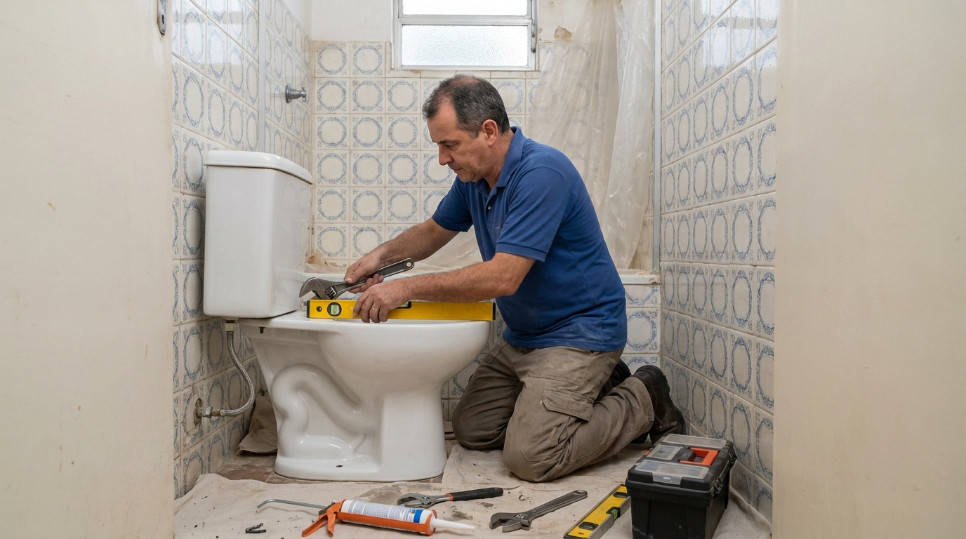 Técnico instalando vaso sanitário em Limeira‑SP